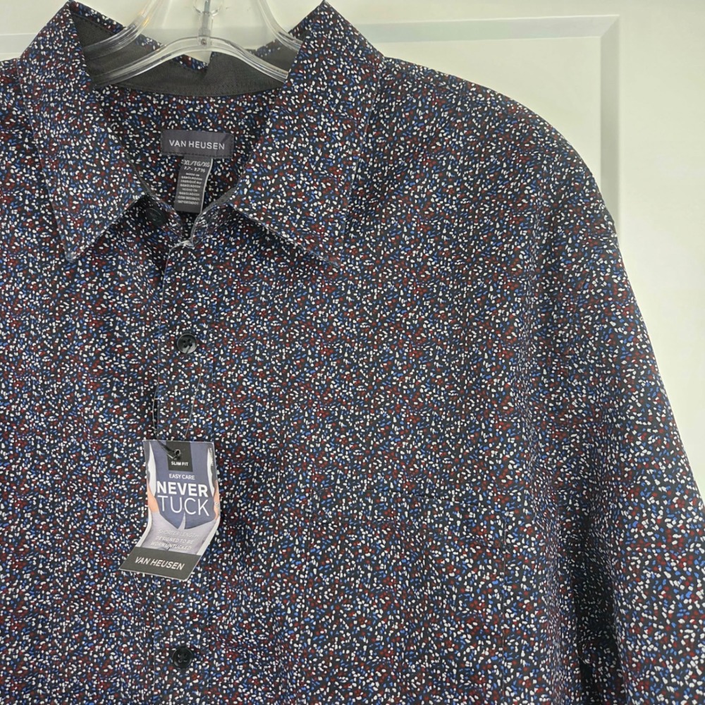 NWT Van Heusen Mens Slim Fit Never Tuck Shirt XL 17-17.5 Black Geometric Print